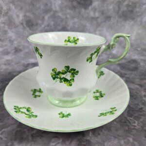Royal Dover Fine Bone China Shamrock Tea Cup and Saucer Green White Vintage